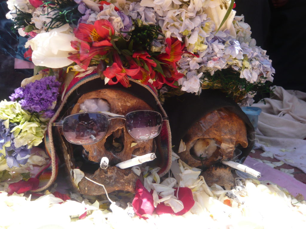 Bei der Fiesta de las Ñatitas werden die Totenschädel mit Blumen geschmückt und mit Zigaretten und Getränken erquickt. Foto: Carlillasa, CC-BY-SA 4.0