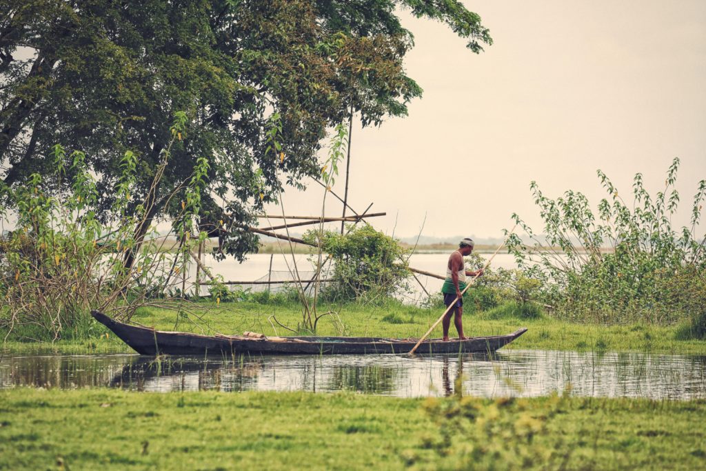 Eine Person steht auf einem Kanu in einem Gewässer mit viel Grünpflanzen.