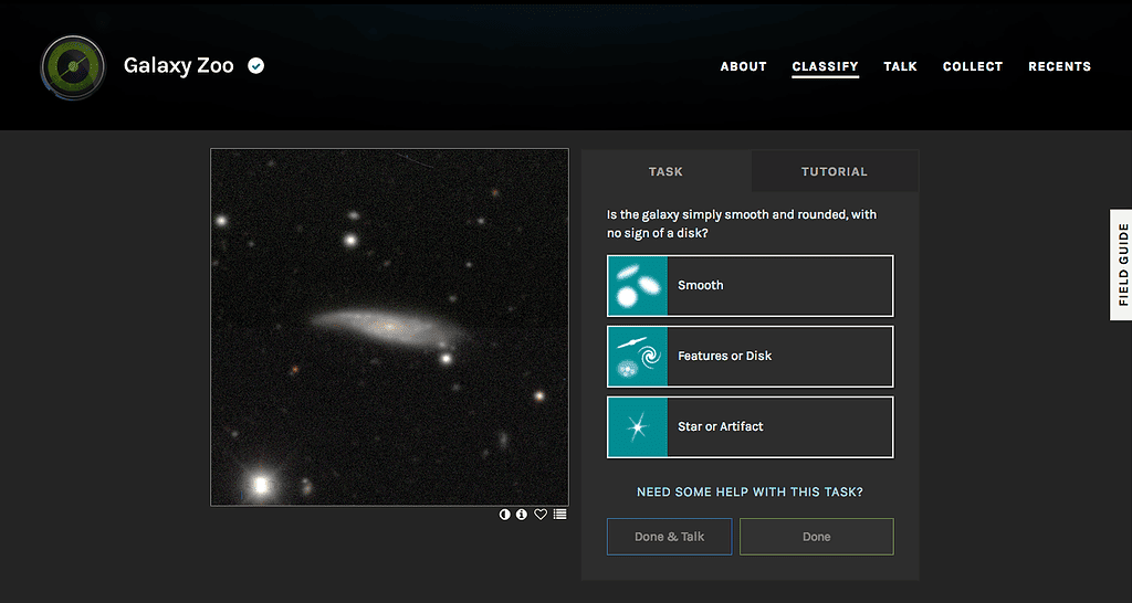 Galaxie Zoo Zooniverse Interface