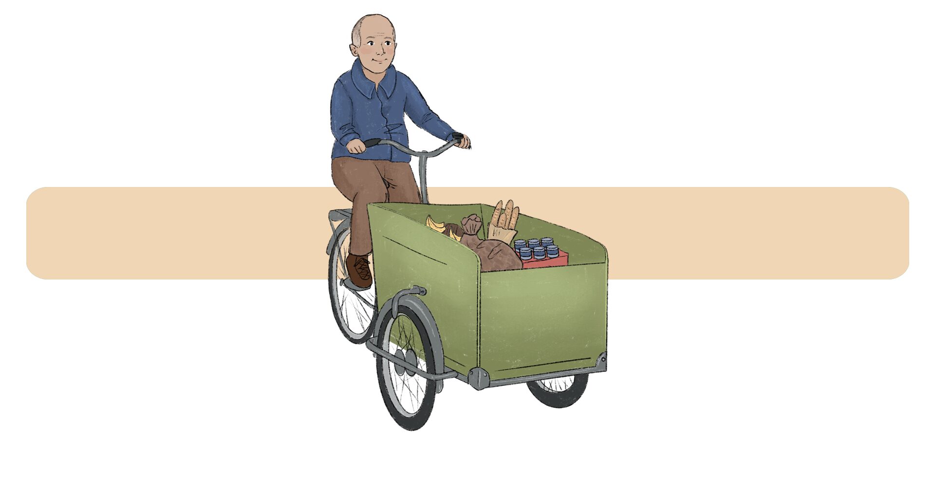 Mann auf Lastenrad. Essen auf zwei Rädern.