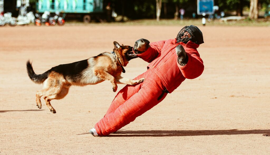 Schutzhundausbildung ist in Österreich nun für Privatpersonen verboten. Auf dem Bild sieht man einen beißenden Schäferhund. Er attackiert einen Mann in Schutzkleidung.