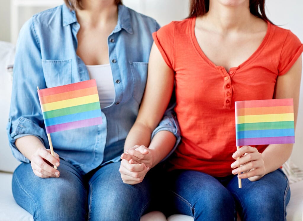 Meme im full circle - Hochzeit von Kerr und Mewis - zwei Frauen halten Händchen und zeigen Pride-Flaggen - Credits: https://depositphotos.com/de/photo/close-up-of-lesbian-couple-with-rainbow-flags-66076683.html