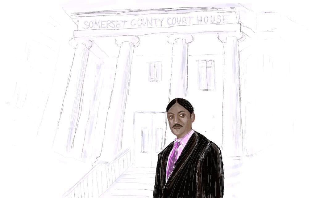 Isaac Wright Jr. vor dem Somerset County Courthouse. Zeichnung von Jan Luca Rose