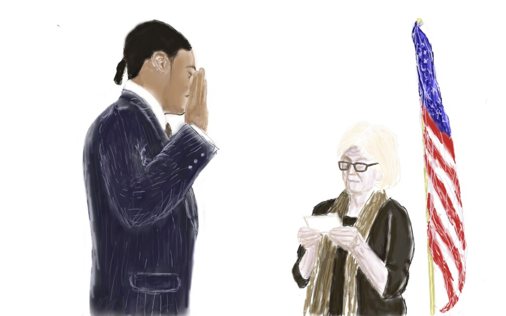 Wright Jr. vor Gericht - Zeichnung von Jan Luca Rose