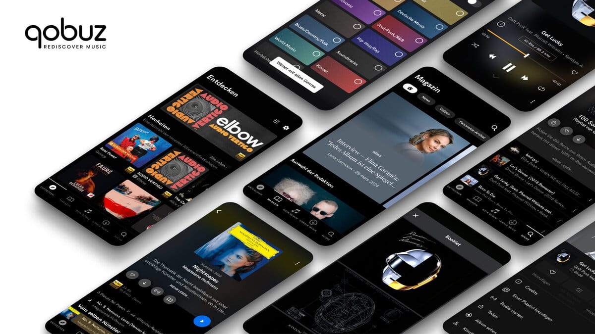 Qobuz - Übersicht des Angebots auf stilisierten Smartphonedisyplays - Credits: Qobuz